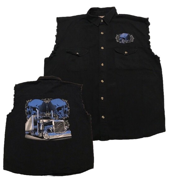 Coast Big Rig Truck Skull Graphic Black Button Up Vest Frayed Sleeves Size XL - Picture 1 of 9